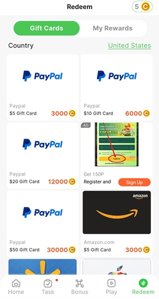 WalkTask payout methods: PayPal and gift cards