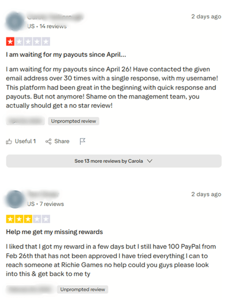 User complaints about Richie Games not paying
