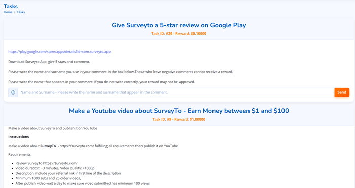 Tasks on SurveyTo.com