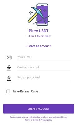 Pluto USDT Miner sign-up with email