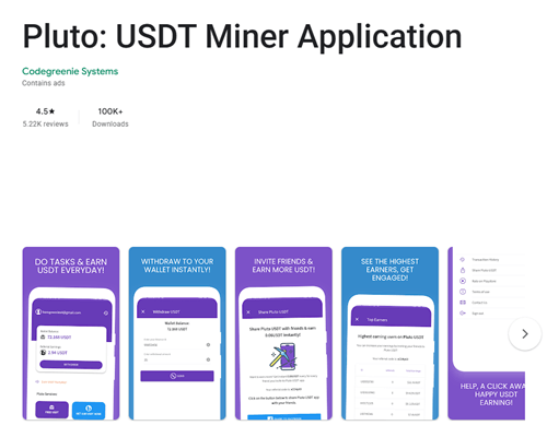 Pluto USDT Miner app for Android