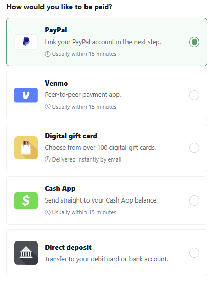 Earn Haus payout options: PayPal, Venmo, digital gift cards, Cash App and direct deposit